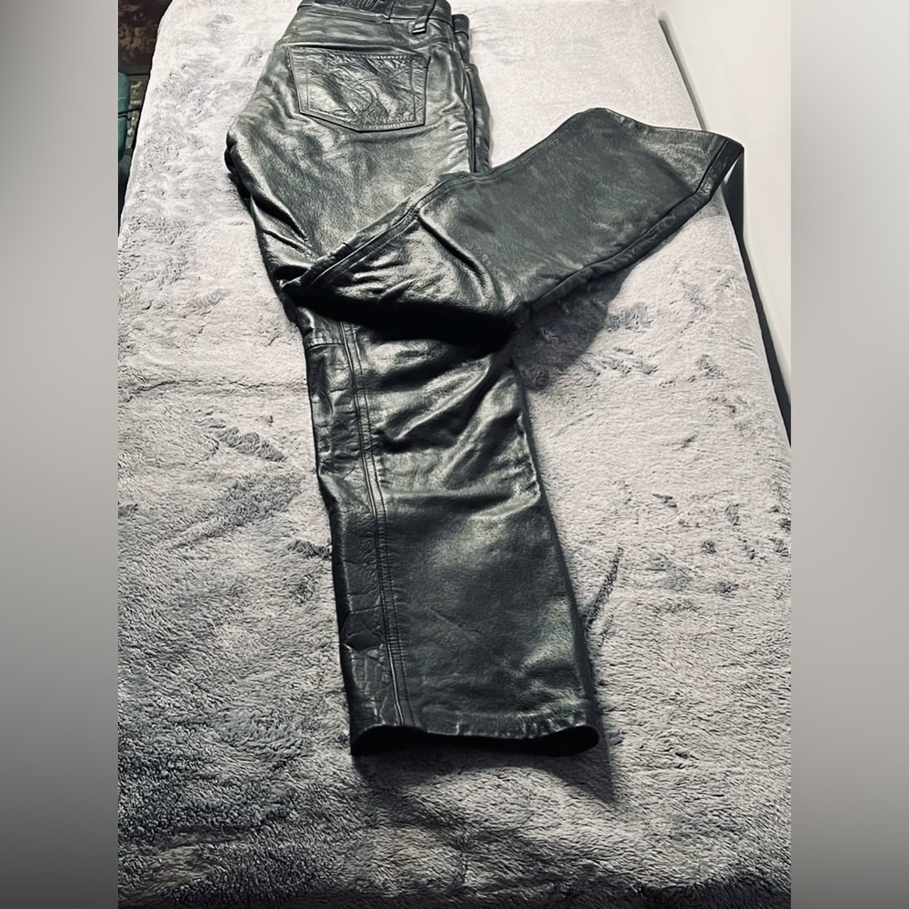 2BU Distressed Black Leather Button Fly Pants